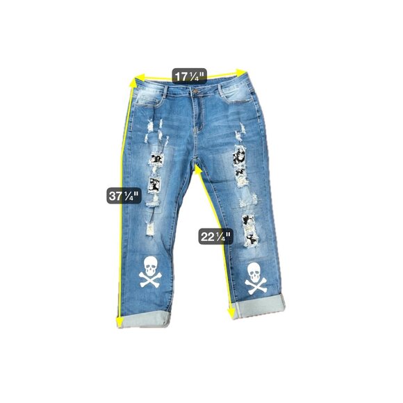 Distressed Blue Jeans Skull Print 3XL Relaxed Fit Trendy Denim Style - Picture 7 of 10